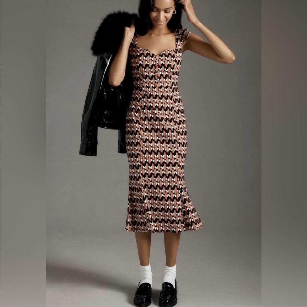 Anthropologie Maeve Cecily Fit & Flare Brown Motif Sweetheart Dress Medium